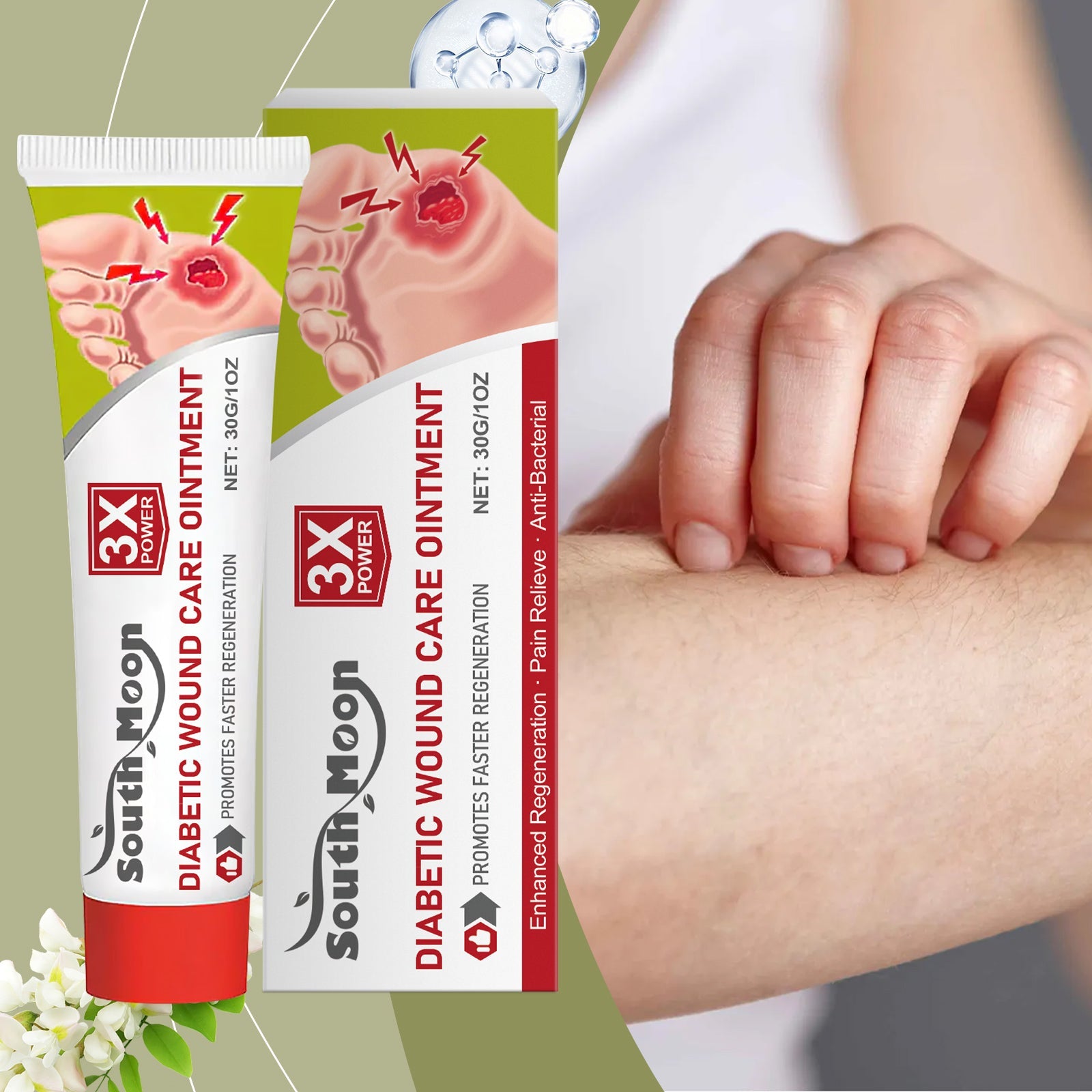 Hand applying ointment to skin with product packaging and water droplets visible, person wearing white sleeve