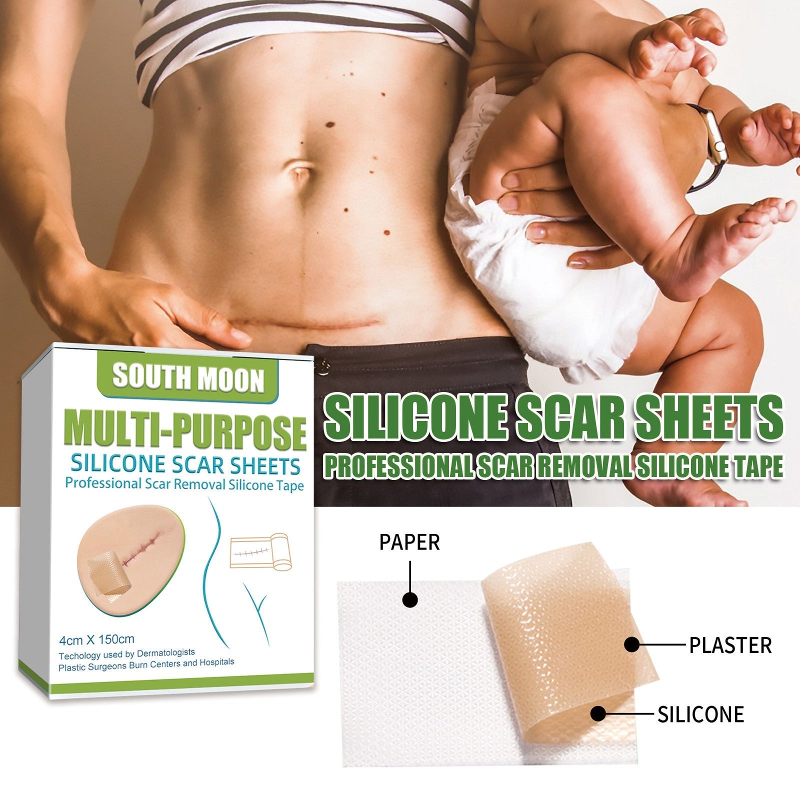 Product box with packaging details, close-up of tape roll, and technical diagram showing paper/plaster/silicone layer construction with lifestyle application on parent and baby