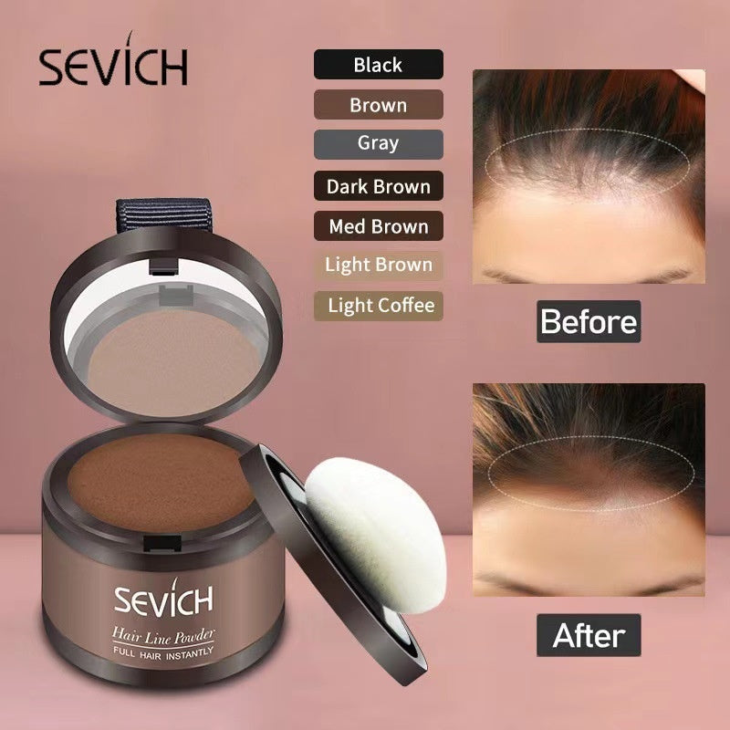 Product jar with labeled features including mirror, puff applicator, and shadow powder, with color swatches and dramatic before/after hairline photos