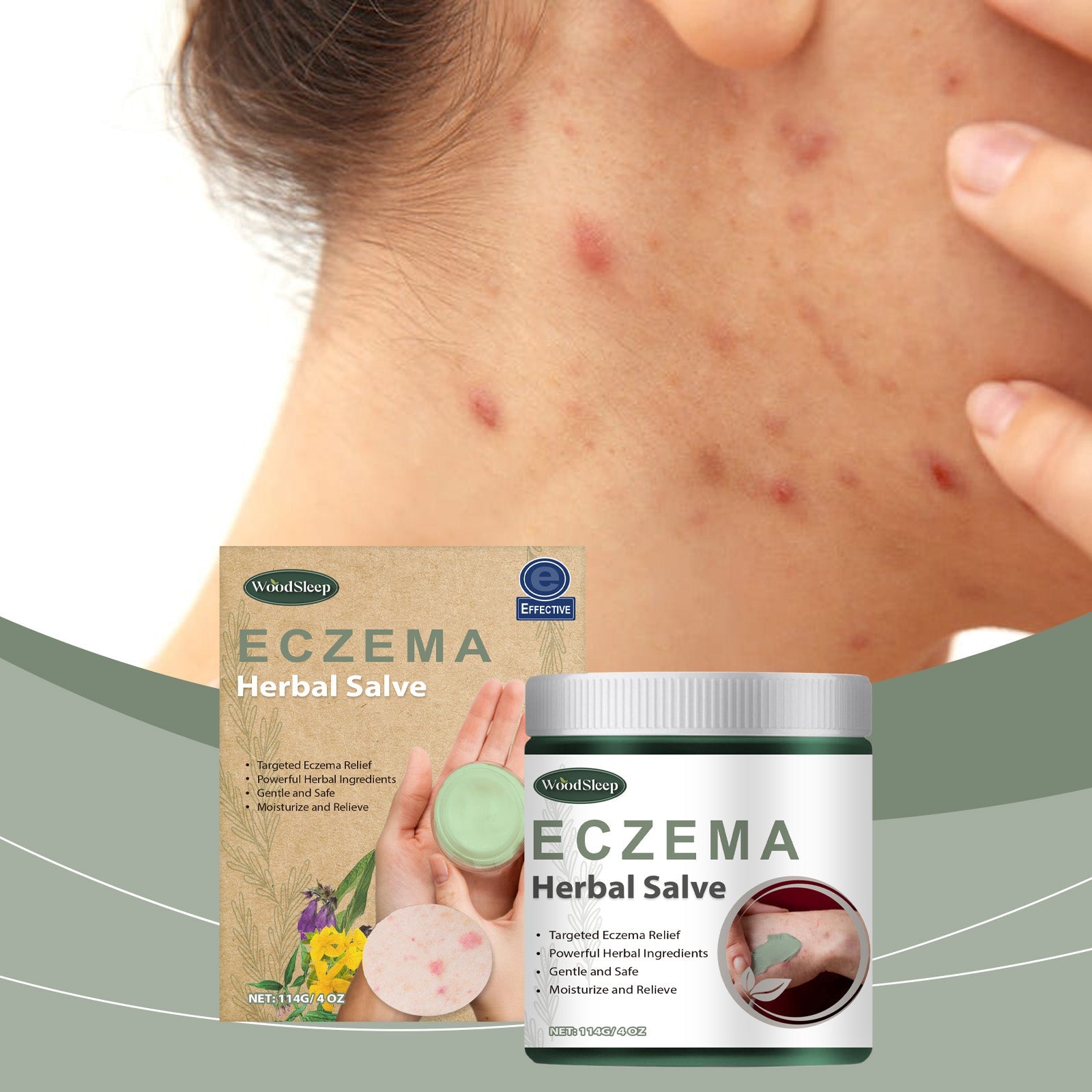 Woman's bare back showing shoulder with magnified circular inset of rough, inflamed eczema patch with visible scaling