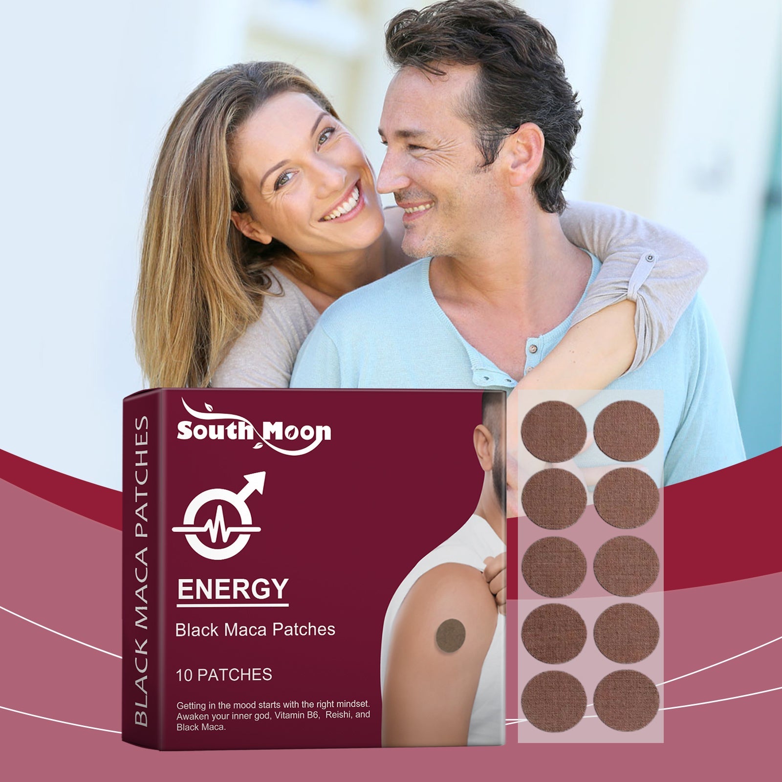 South Moon Black Maca Energy Patches 10-patch box with product display showing burgundy packaging and brown patch samples