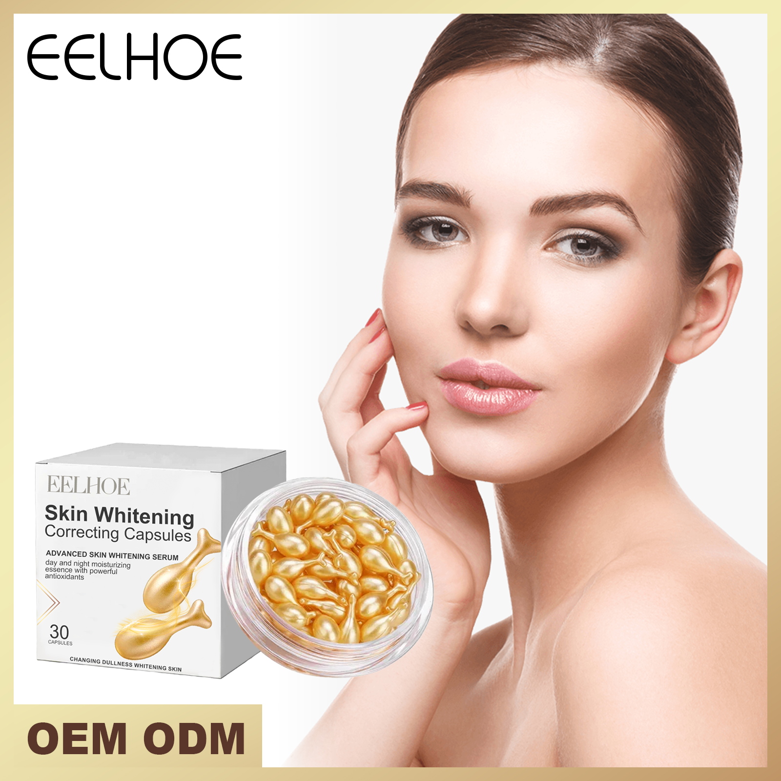 Young woman with bright, radiant complexion touching face, positioned next to product packaging and capsules on pastel background