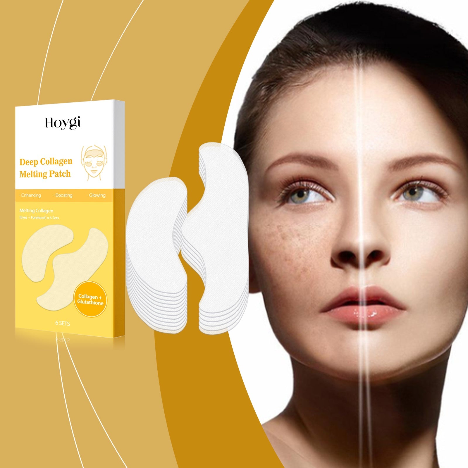 Close-up of glowing face with callout boxes highlighting 'Fits the Skin' and 'Deep Nourishment' benefits with product patch visible