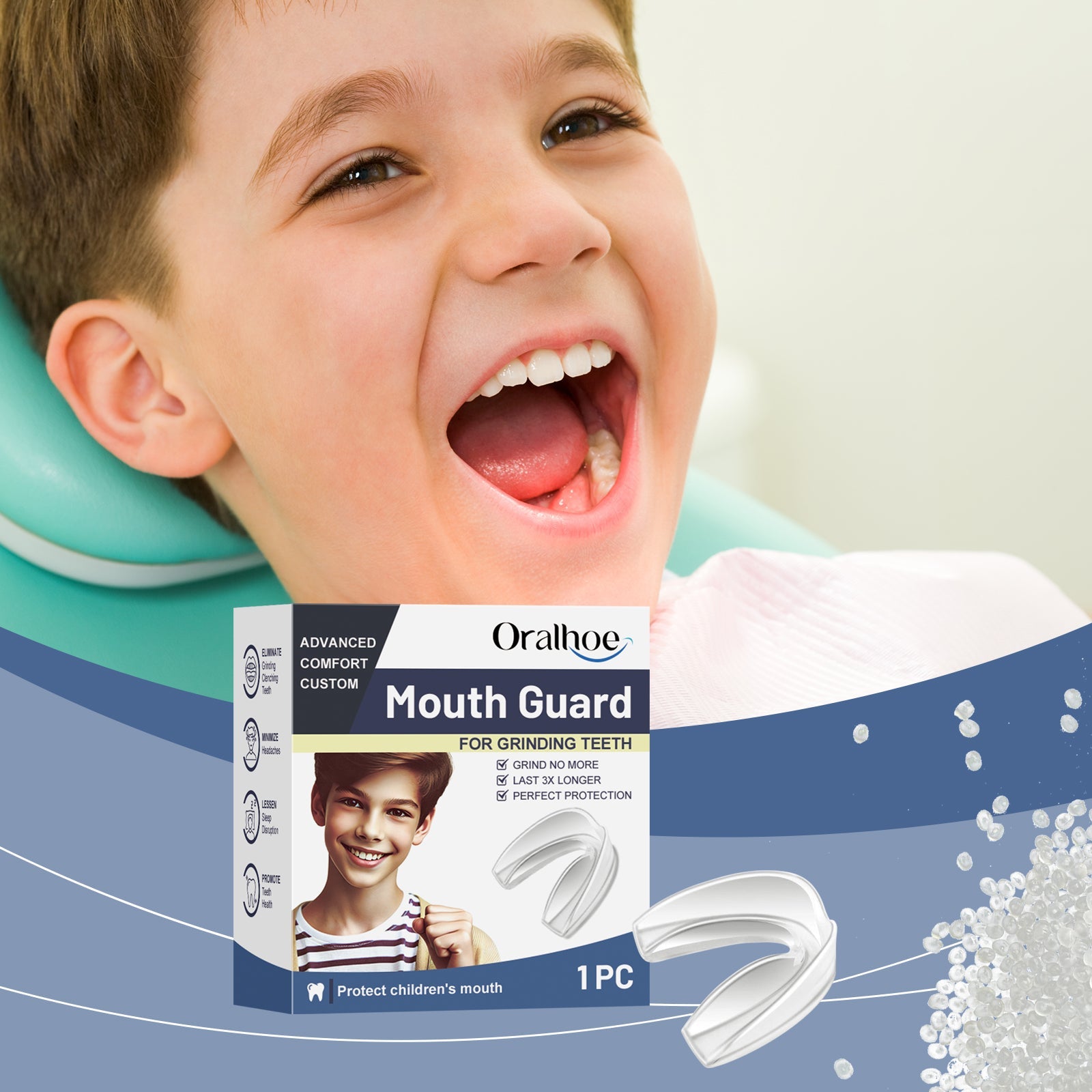 Child wearing mouth guard during sleep with packaging; highlights headache relief and sleep interference reduction
