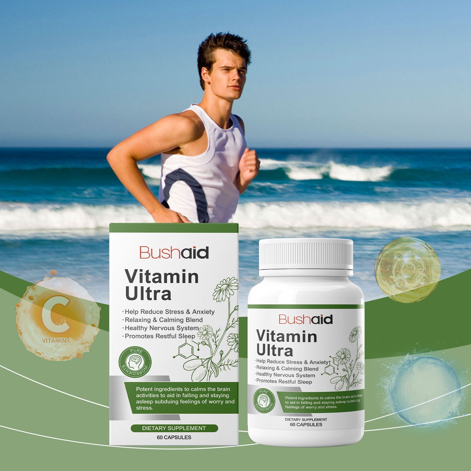 Athletic young man running on beach with product packaging and vitamin C imagery integrated into ocean-themed background