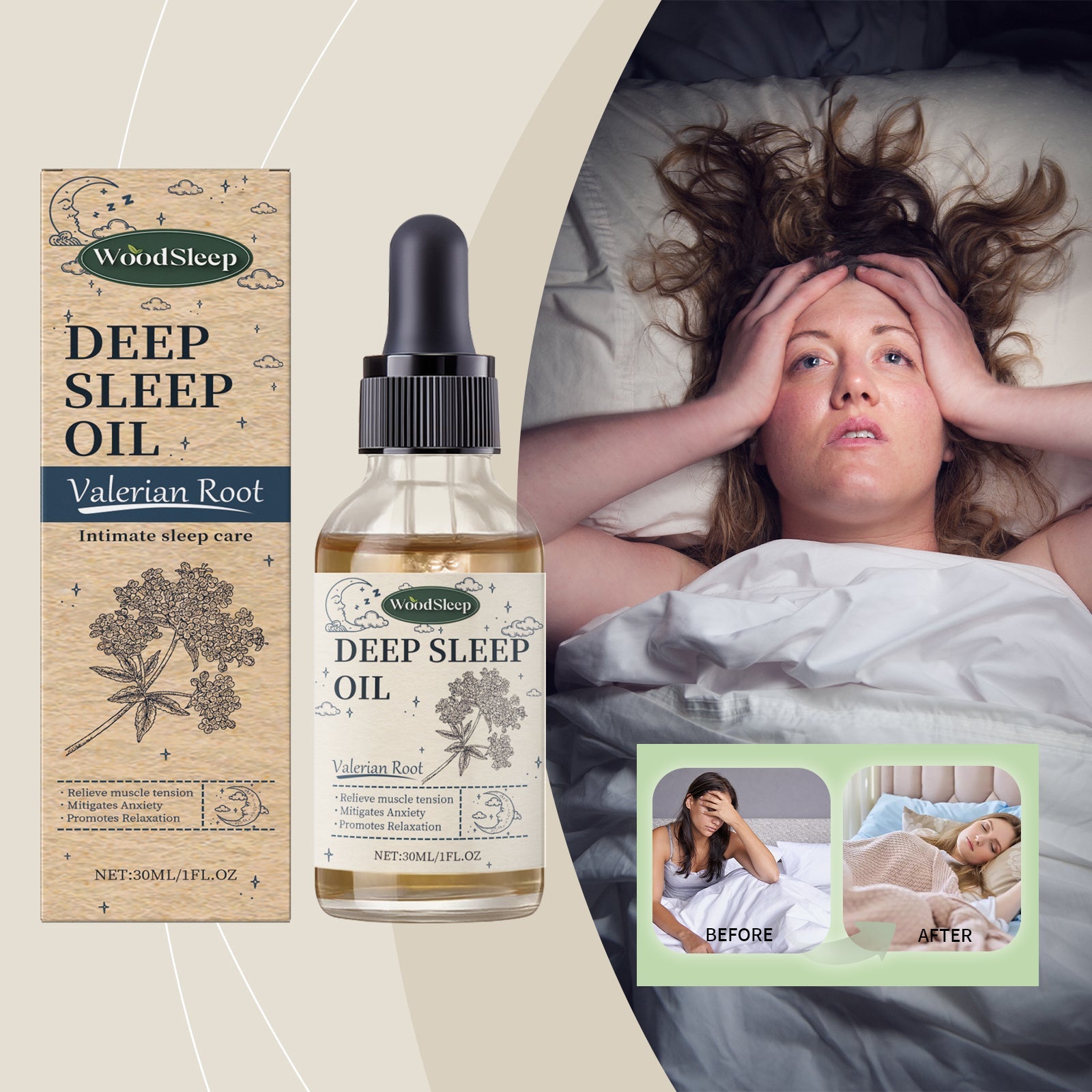 Close-up of woman receiving facial massage during sleep preparation with ingredient benefits text overlay