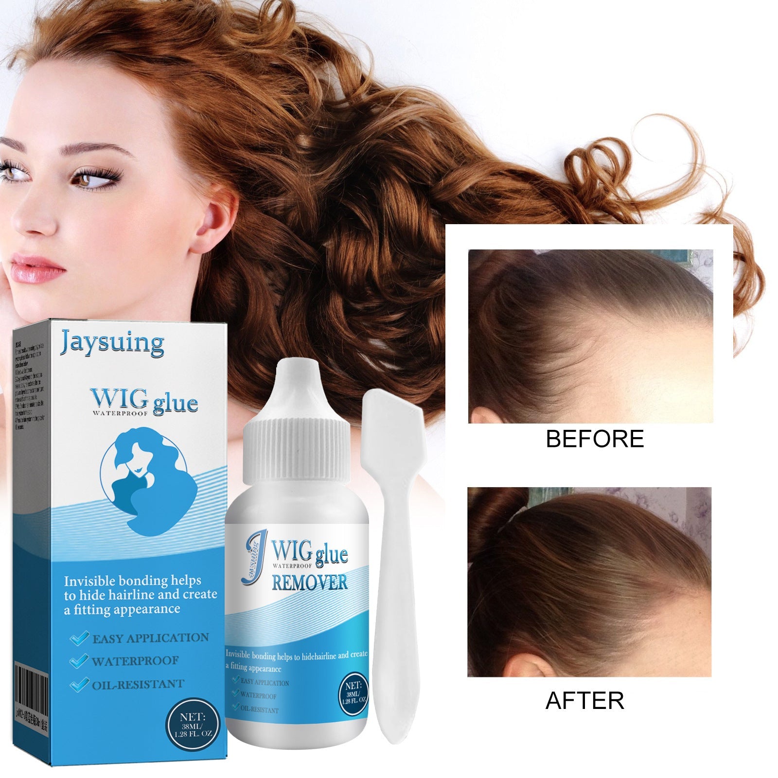 Woman with long brown hair shown in profile with key usage conditions listed: Only Scalp, High Humidity, A Lot of Sweat, Shake Well Before Use; includes close-up application detail showing glue applied to hairline