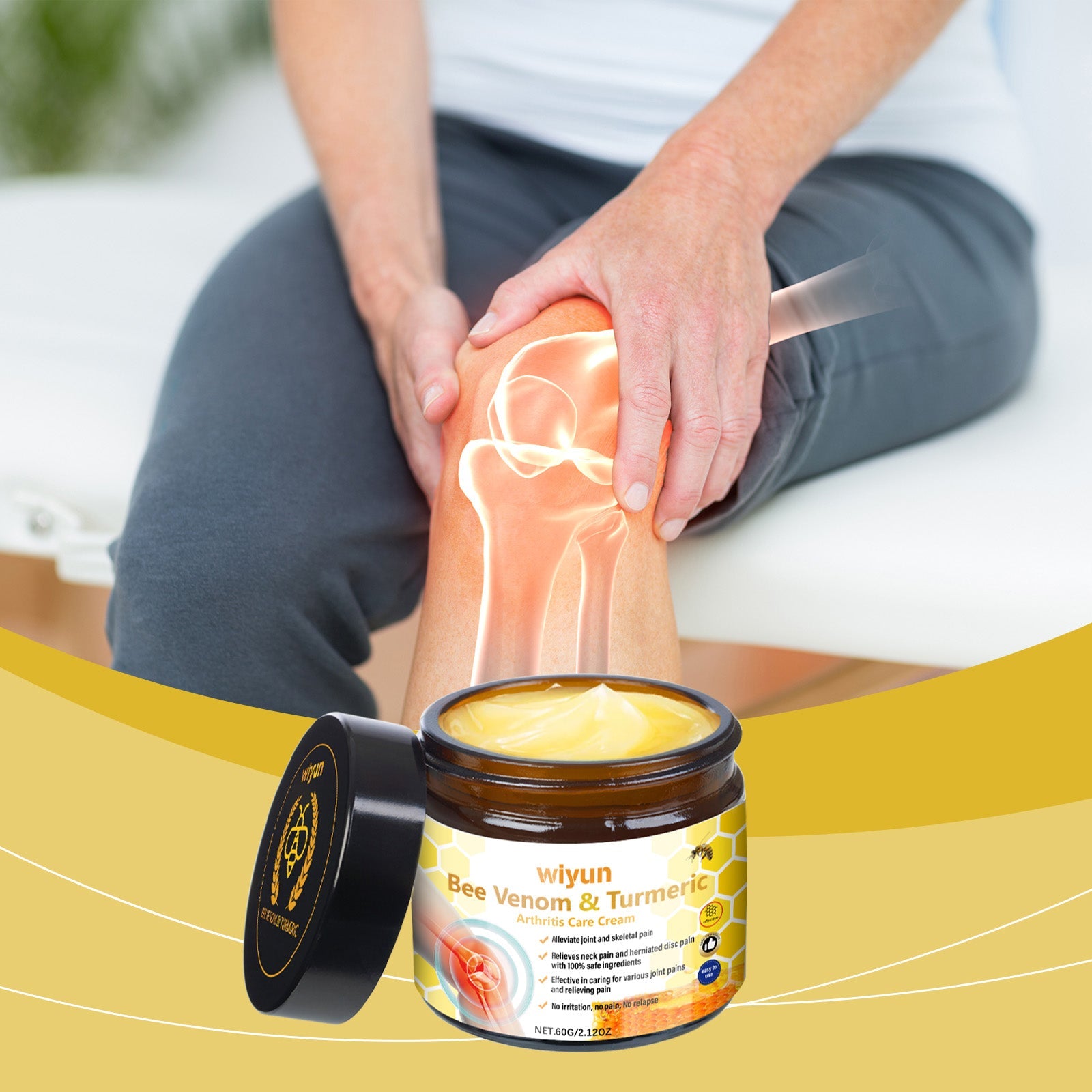 Woman applying cream to knee joint while sitting in active pose with product displayed on yellow wave background