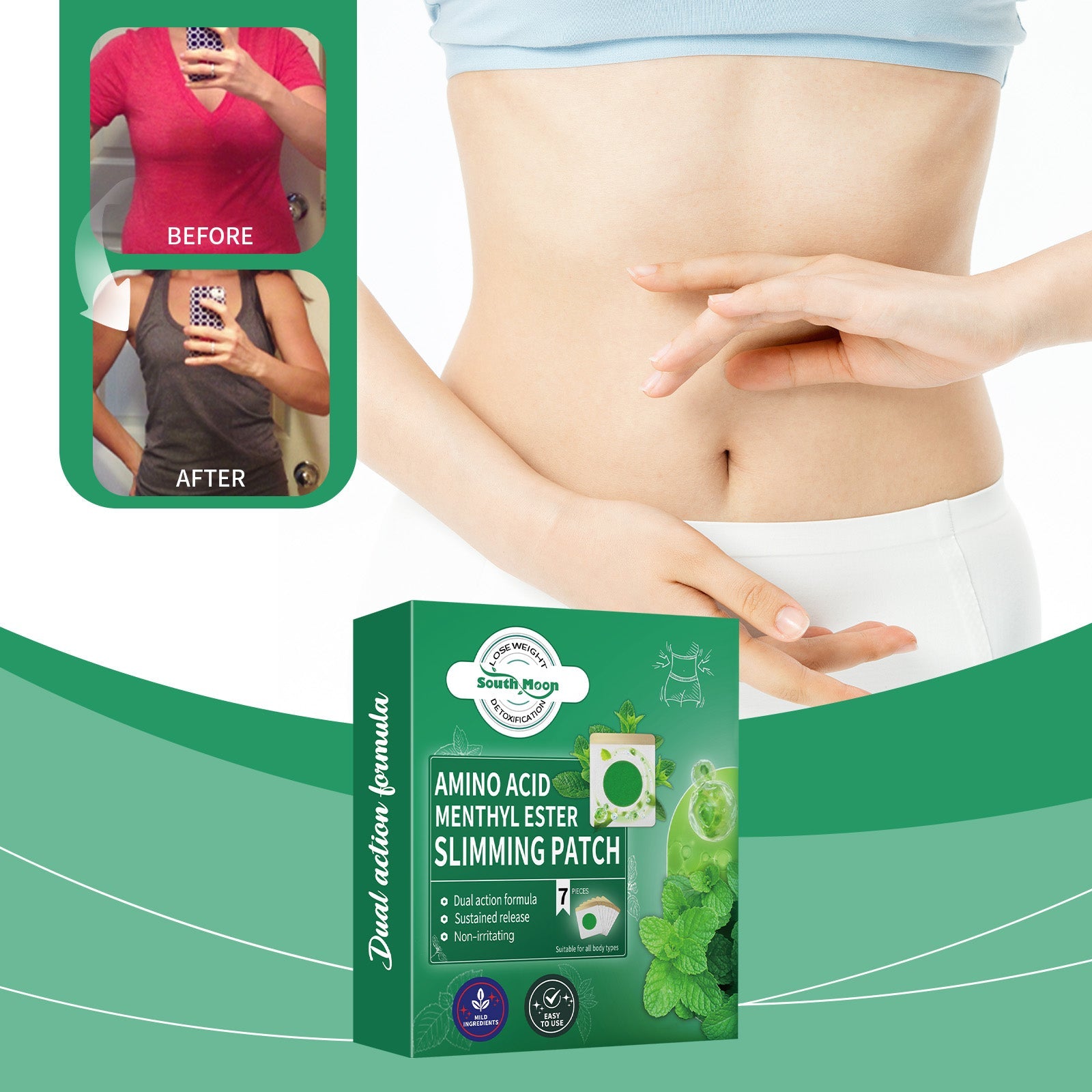 Lifestyle image of woman measuring waist with tape measure against light mint background; overlaid text emphasizes 'Rapid Body Shaping' and 'Easy to Use' with functional benefit descriptions
