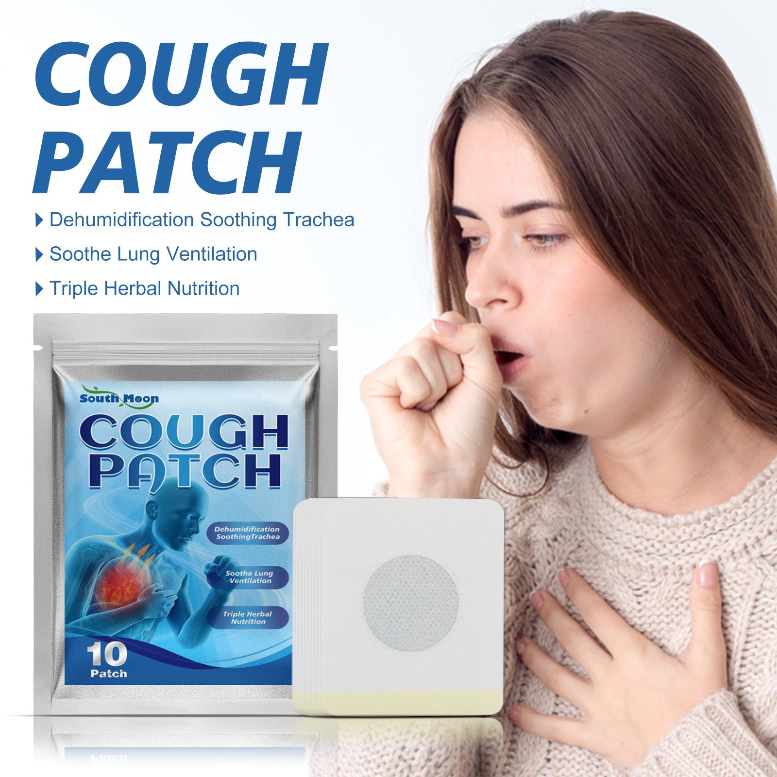 Young woman coughing into fist while wearing neutral sweater, with product packaging and patch visible nearby