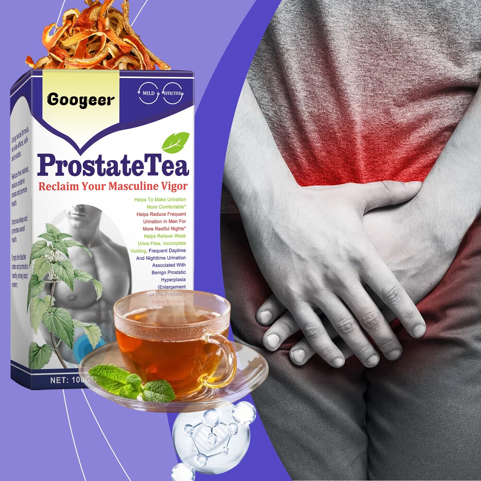 Relaxed man lying down peacefully with brewed Prostate Tea cup nearby, surrounded by herbal ingredient imagery and gold botanical elements