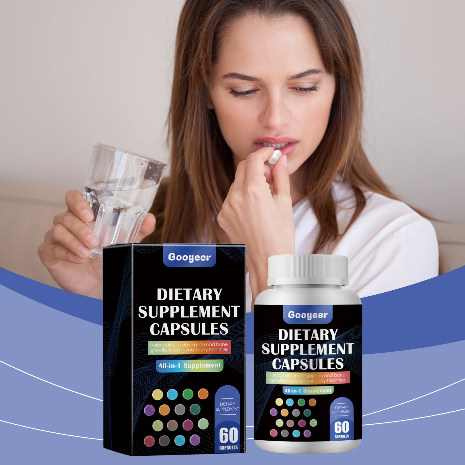 Woman taking capsule with water glass, displayed with product box and bottle in branded environment