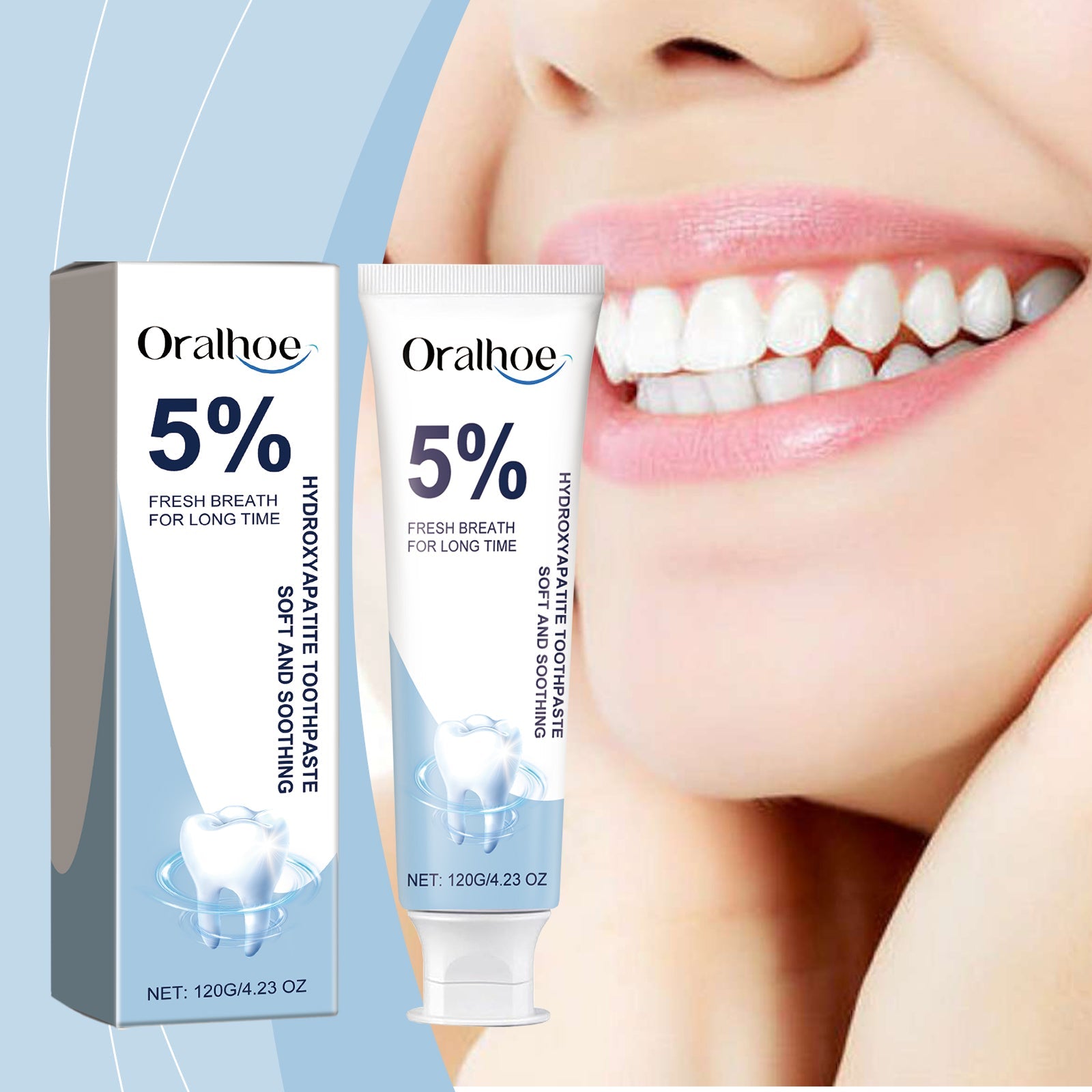 Woman with bright white smile showing teeth after using toothpaste, package and tube featured