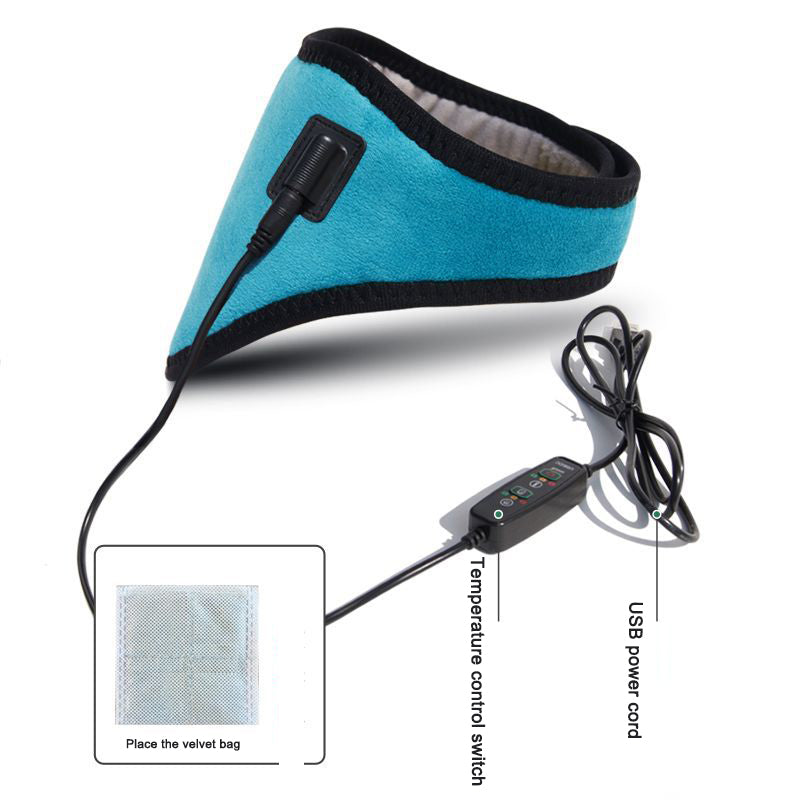 Flat lay of heating wrap showing USB power cord, temperature control switch, and removable velvet heating bag insert