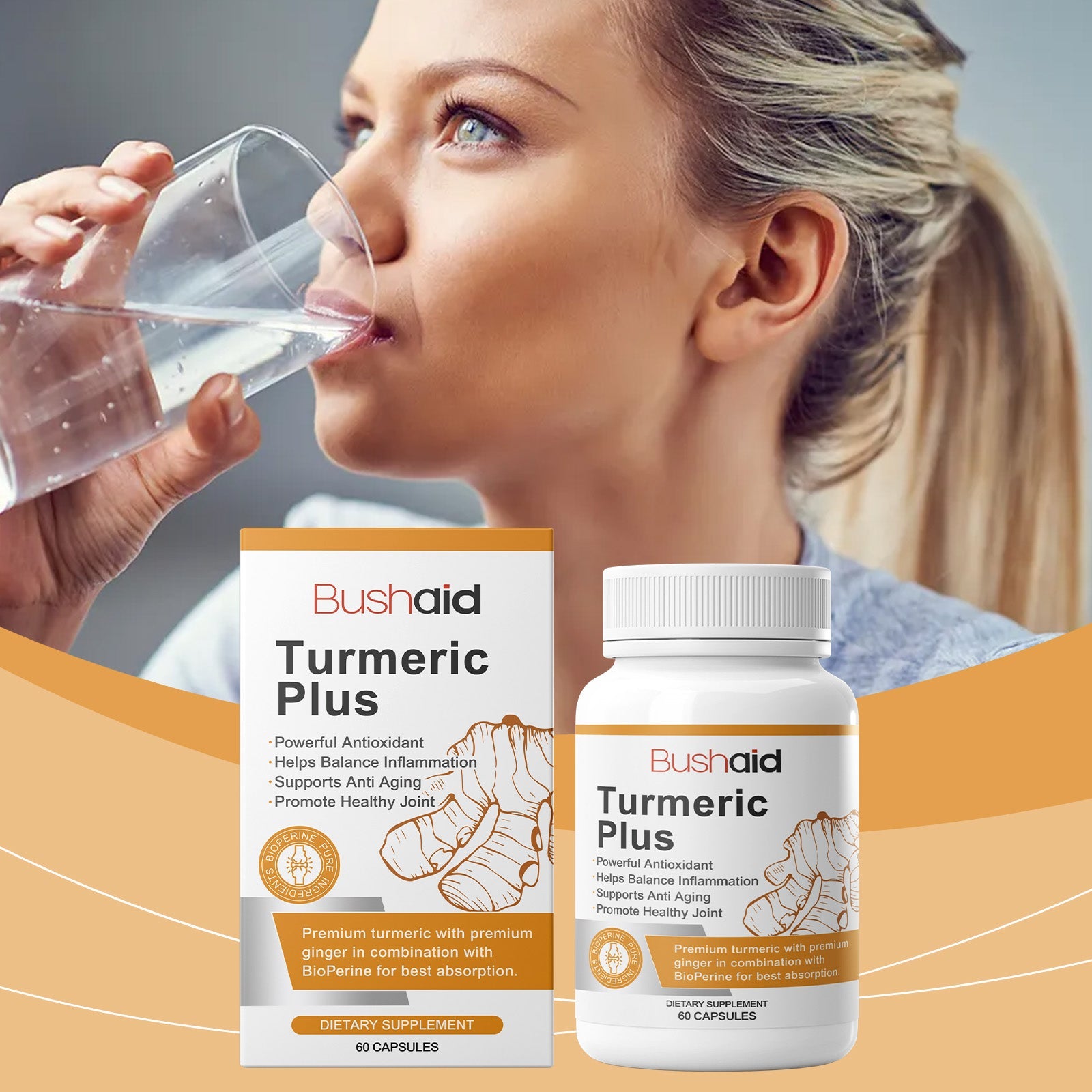 Front-facing product shot of BushAid Turmeric Plus box and white capsule bottle side-by-side on white background