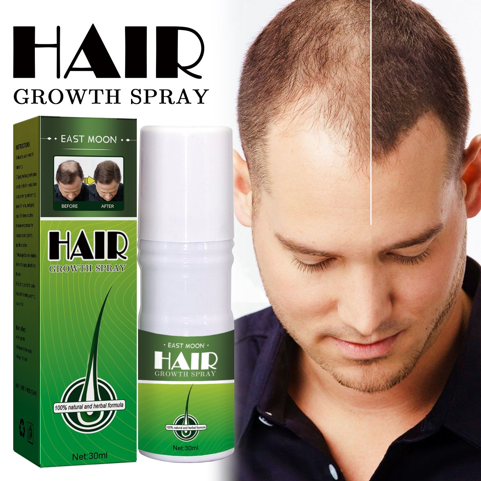 Close-up scientific visualization of hair thickening process with magnified hair strands and before/after mechanism