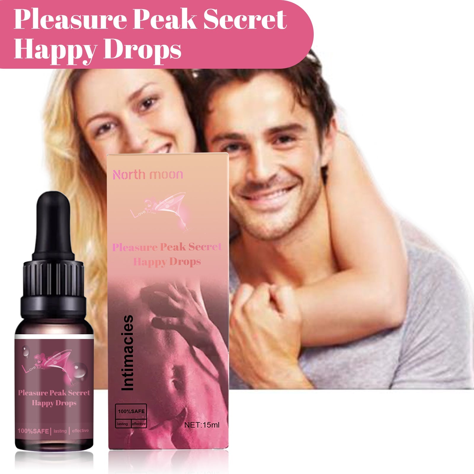 Happy couple embracing with product and packaging displayed, showing relationship connection and intimacy