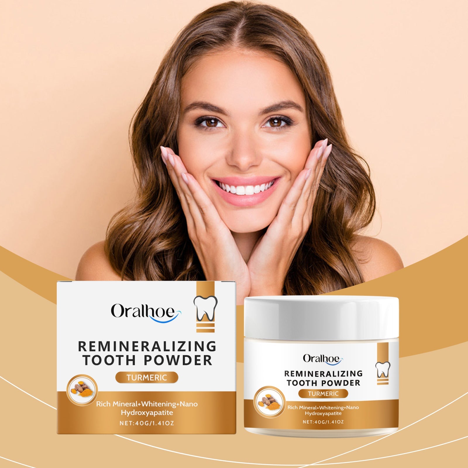 Oralhoe Turmeric Tooth Powder product box and jar display showing packaging design, 40g size, and turmeric ingredient highlight
