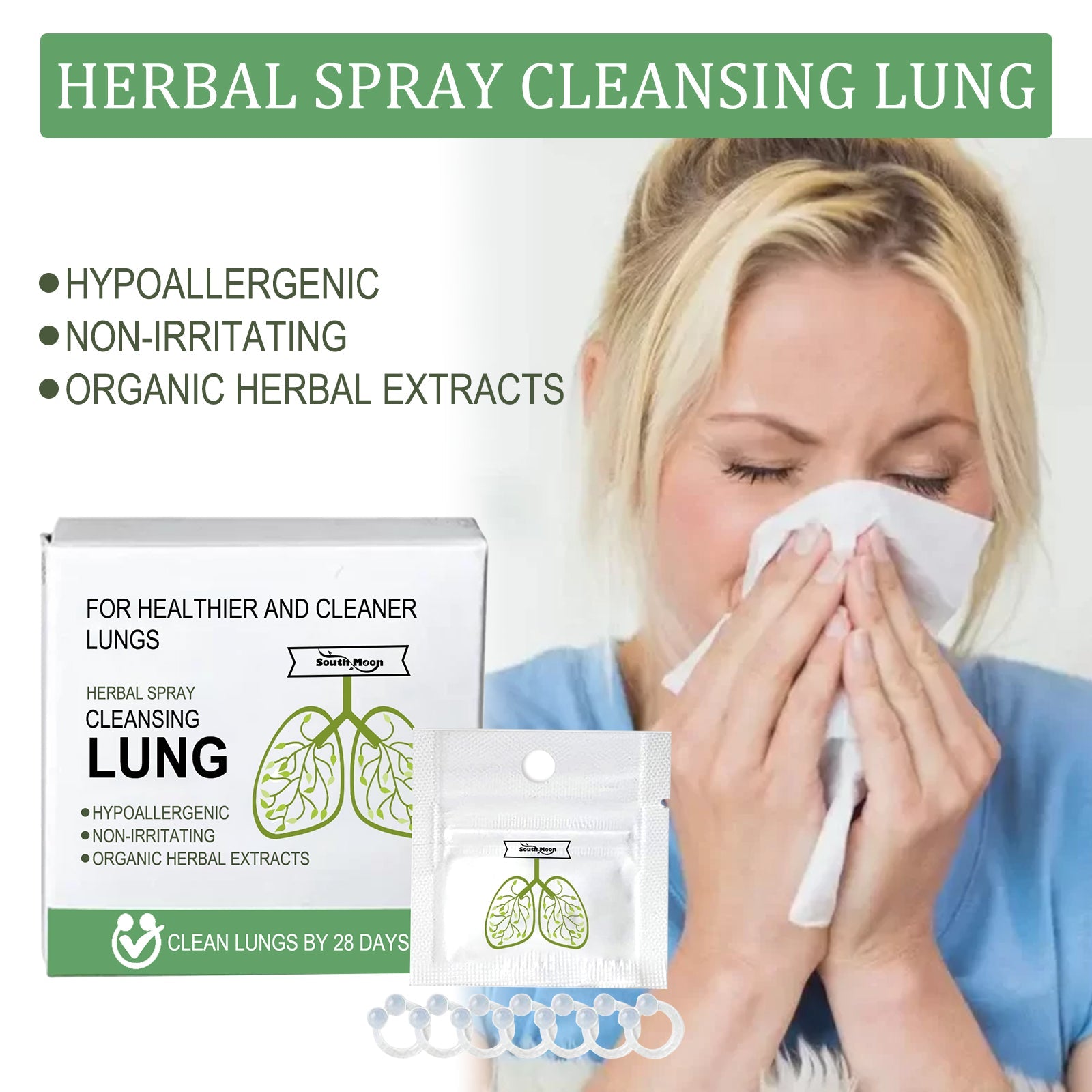 Repeat of hero lifestyle image with woman applying spray and full product kit visible