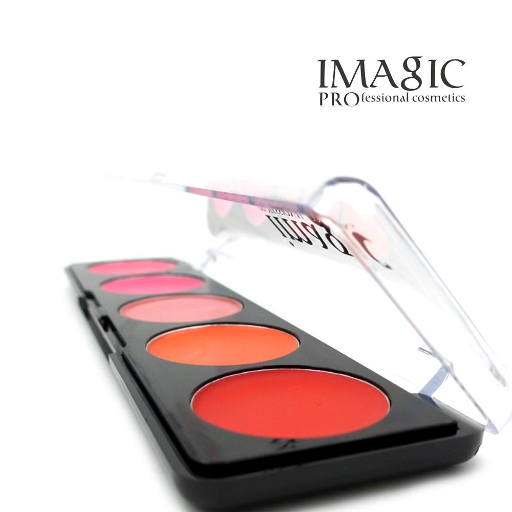 Close-up angle of 5-shade palette with brush applicator shown applying color, demonstrating vibrant pigmentation and blend capability