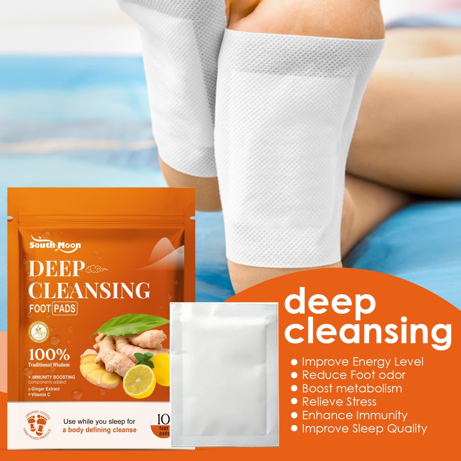 Woman wearing white foot pads while relaxing by beach with overlay text listing benefits: improve energy, reduce foot odor, boost metabolism, relieve stress, enhance immunity, improve sleep quality