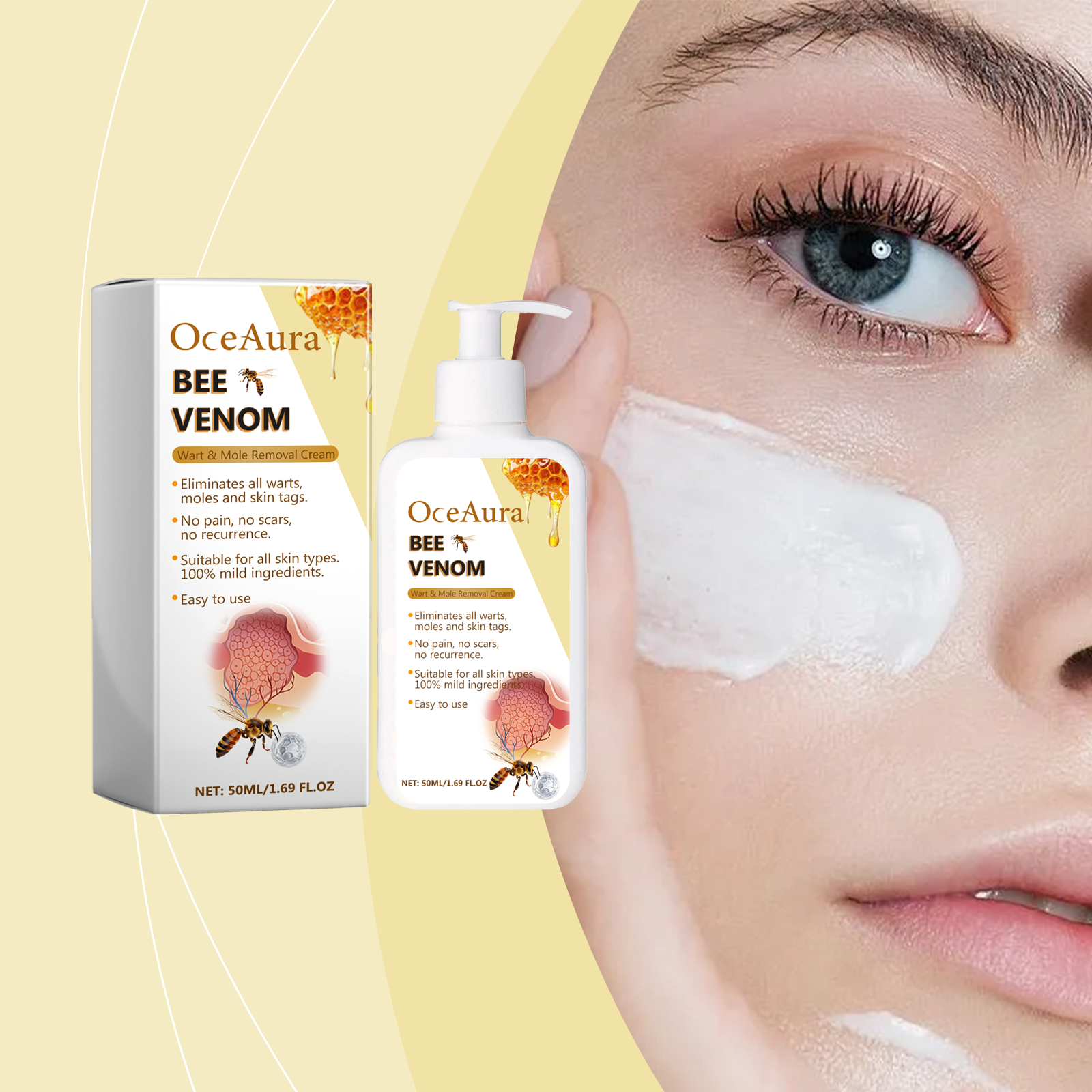 Woman applying white cream to cheek area with clear, healthy skin visible on face and neck