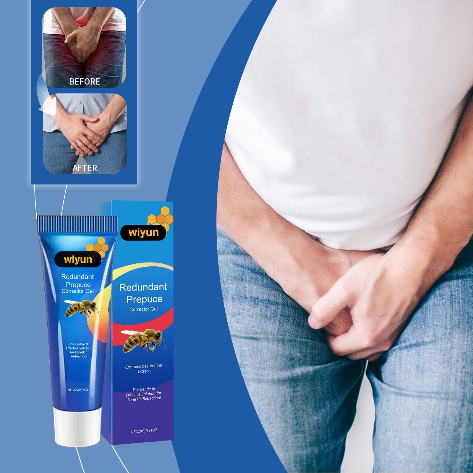 Relaxed man lying down with product tube and packaging, surrounded by ingredient callouts: high-quality formula, improved skin texture, designed for men, relieves friction discomfort, with ginkgo leaf and honey gold accents