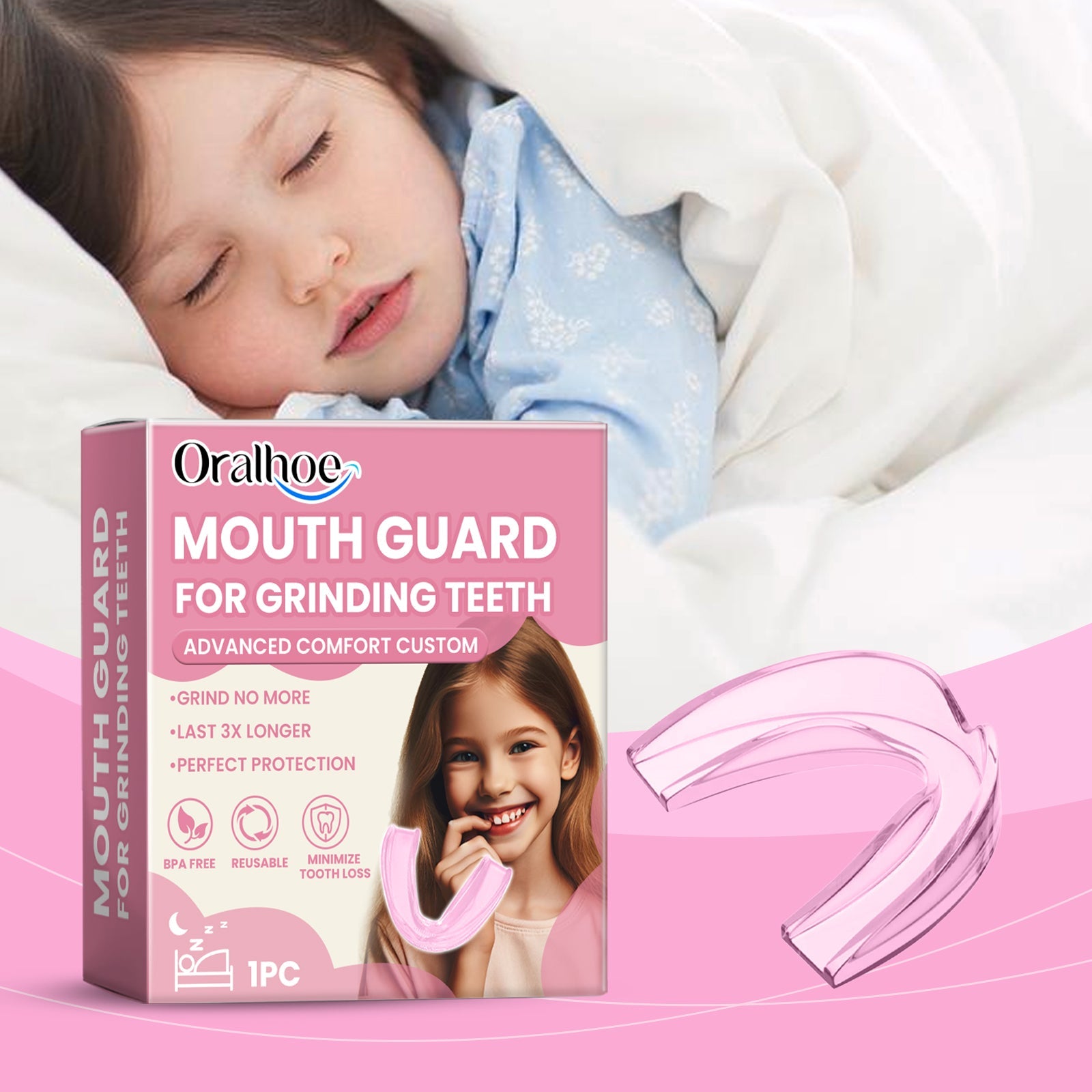 Child peacefully sleeping in bed while wearing the mouth guard