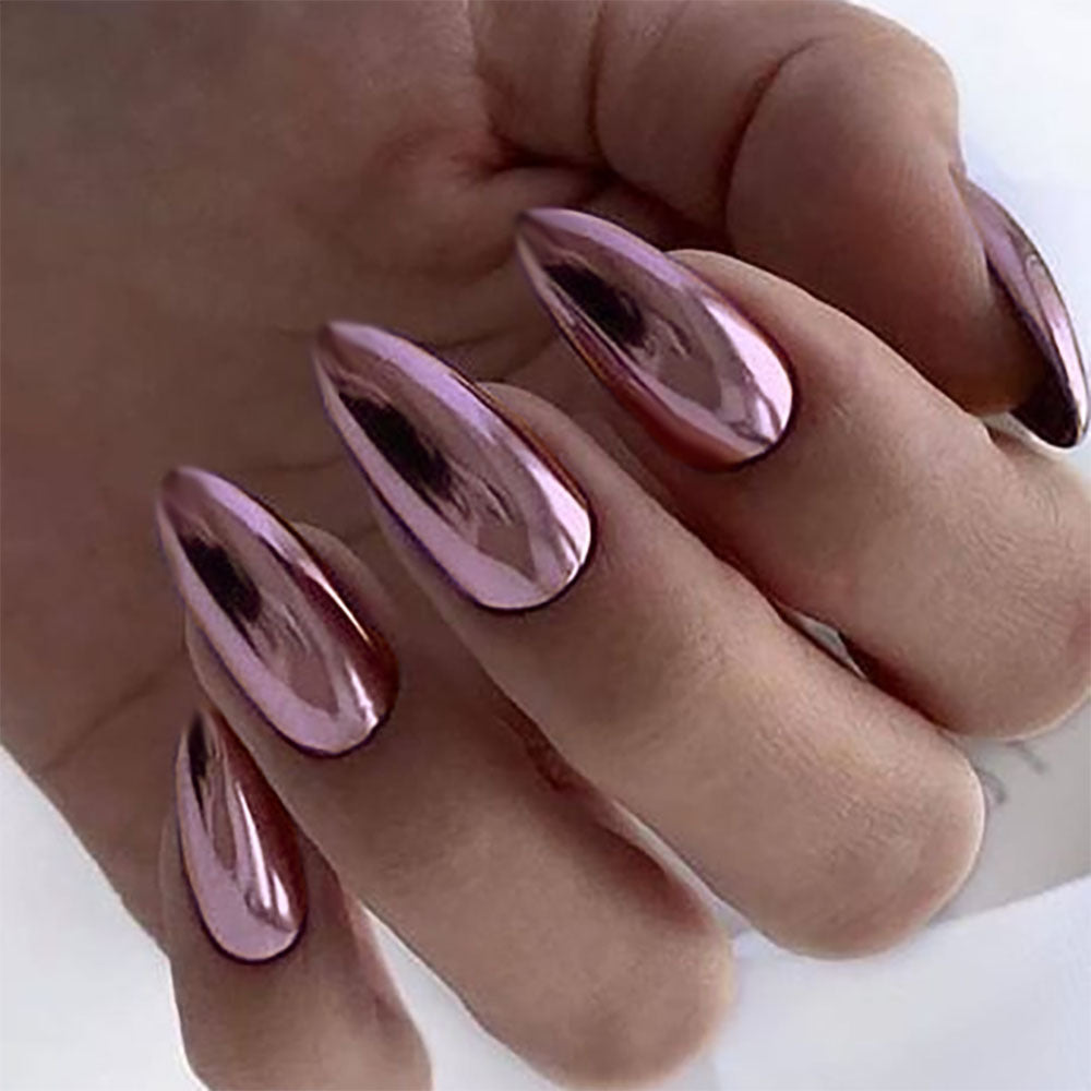 Mauve lavender metallic chrome stiletto nails on hand with iridescent gradient effect