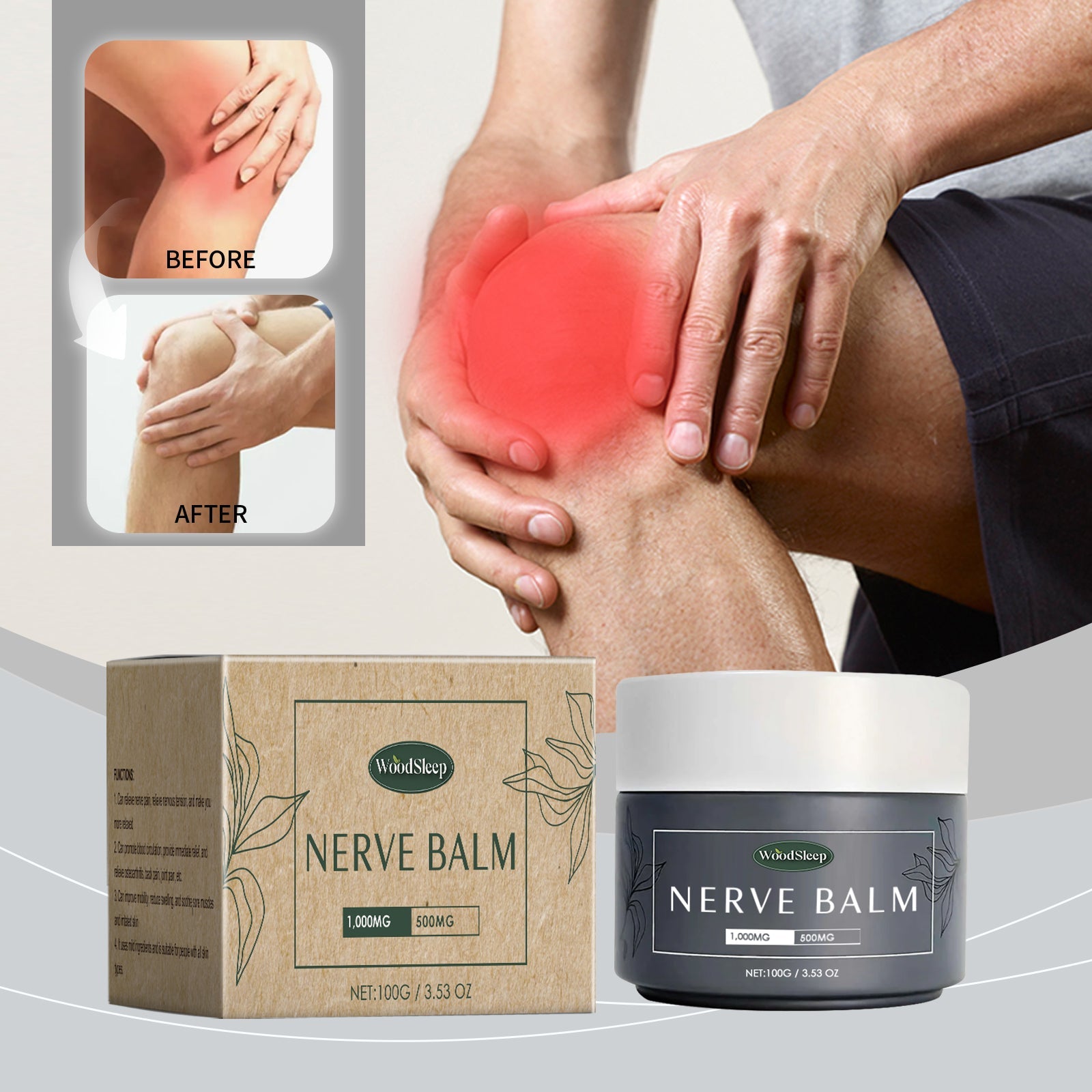 Product efficacy grid showing before/after pain relief and multiple joint applications - man in pain vs. man running freely, plus leg joints, foot joints, and hand joints imagery