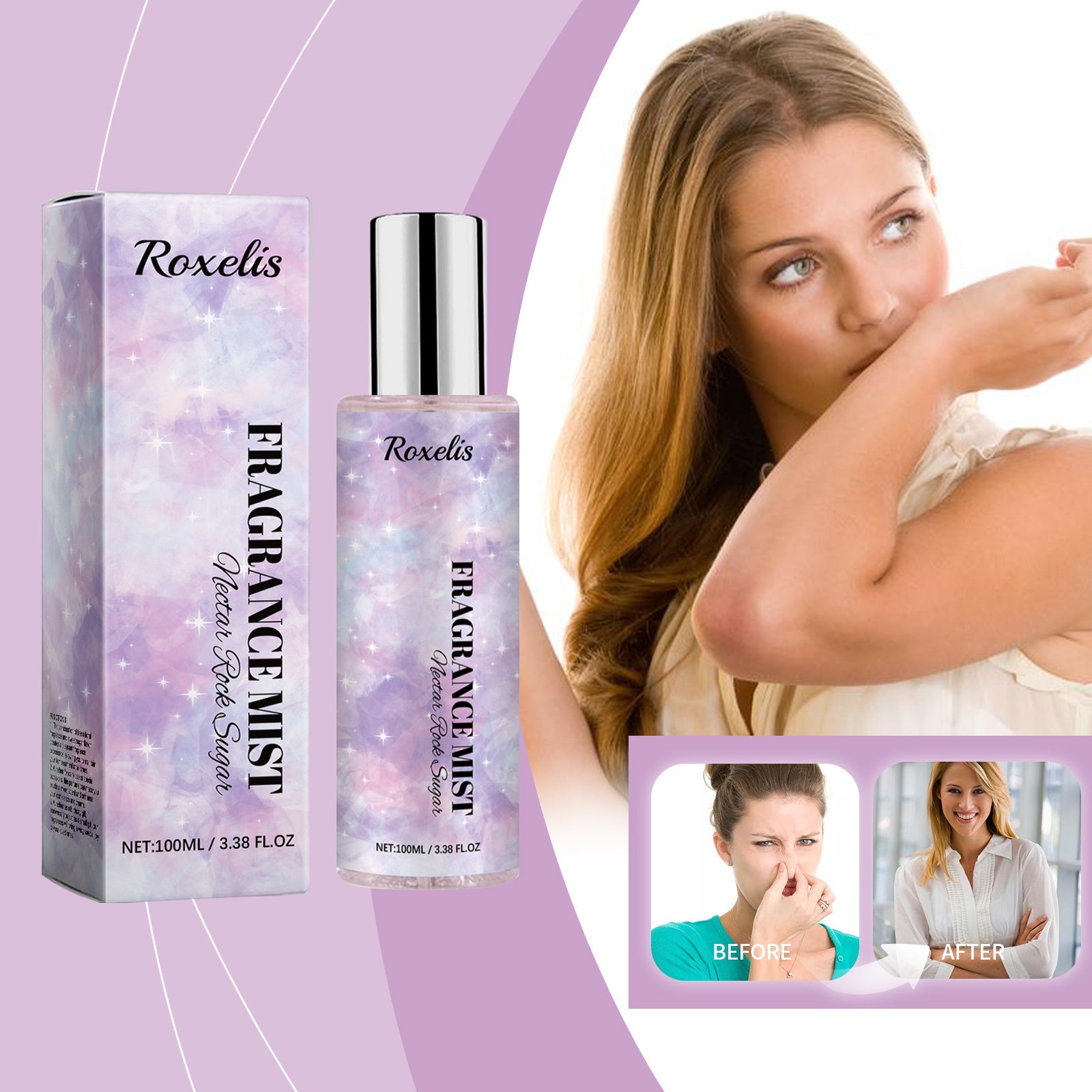 Blonde woman spray-applying fragrance with closed eyes, showing contentment; text overlay highlights multiple fragrance notes and portable design
