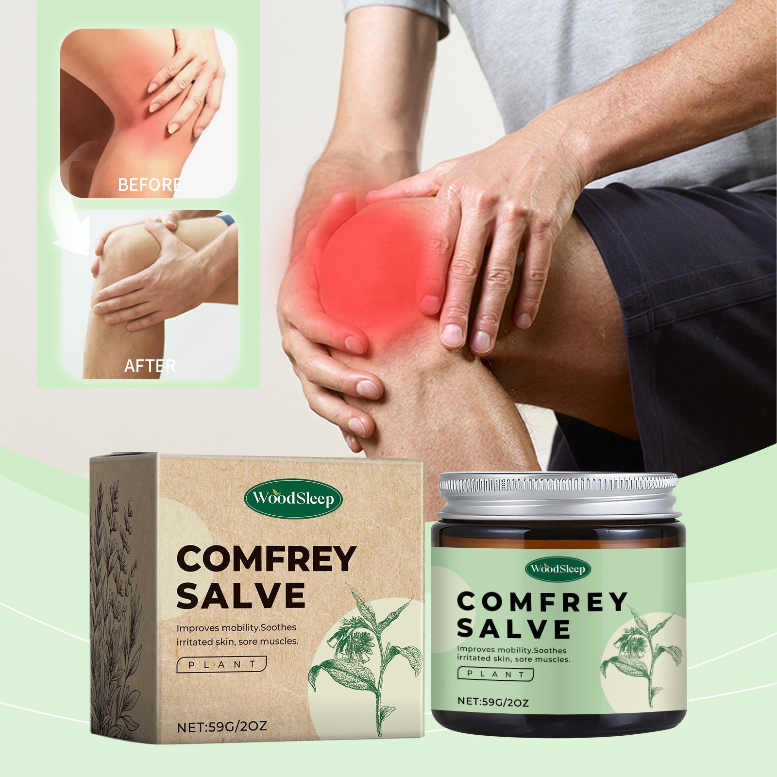 Product jar on pale background with annotated claims highlighting blood circulation promotion, joint health enhancement, deep penetration, and long-term benefits