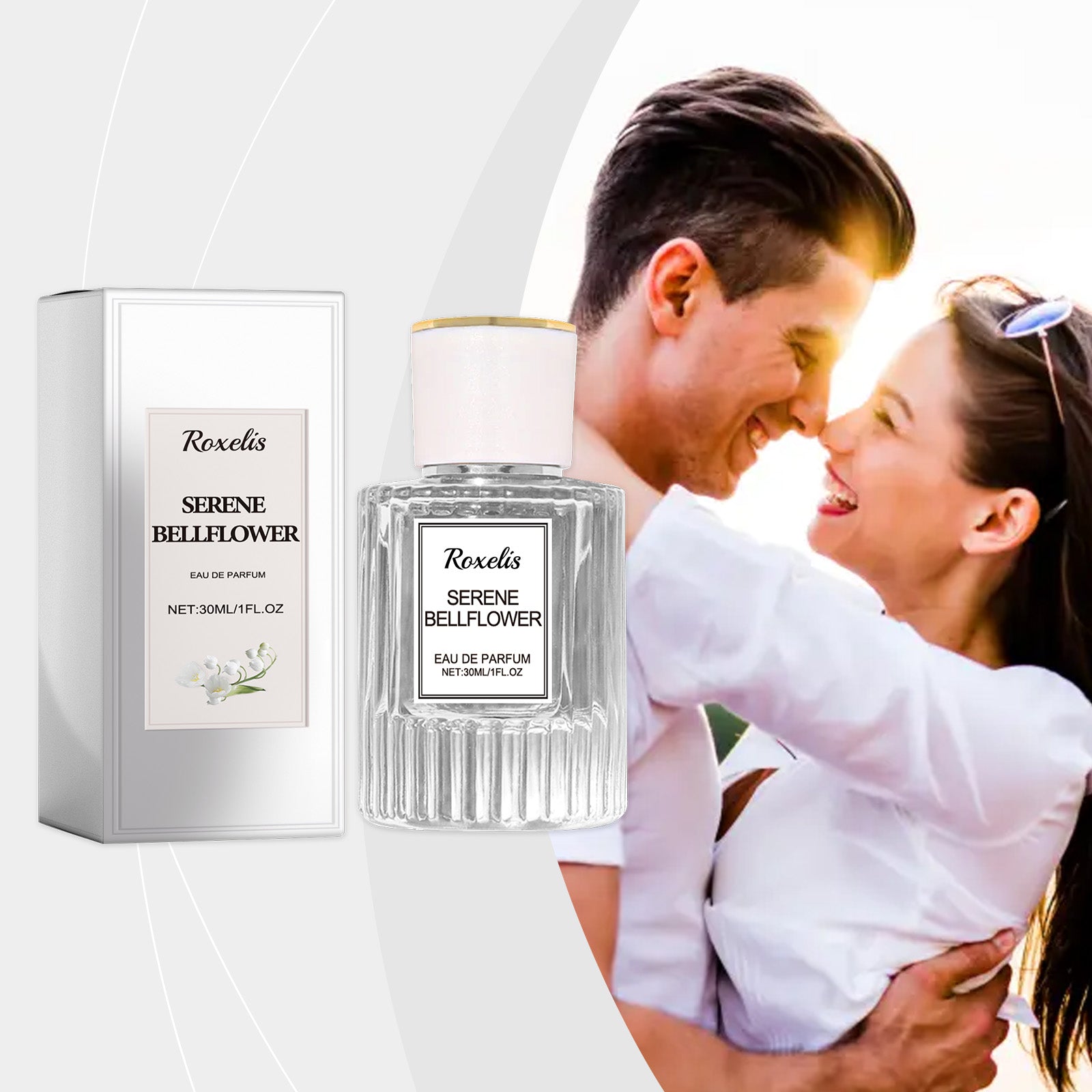 Young couple in white shirts embracing and smiling with product packaging visible