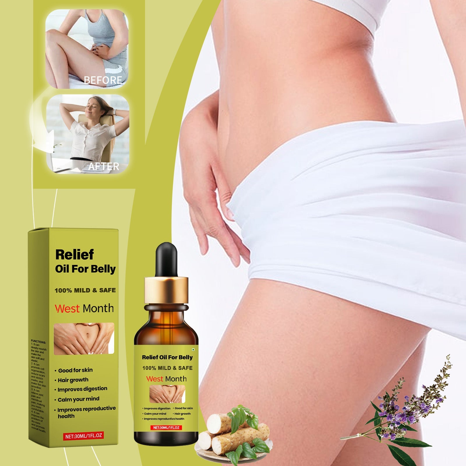 Woman in white undergarments demonstrating belly application with text overlay 'CAN DEEPLY NOURISH THE SKIN' and description of elasticity improvement, scar reduction, stretch mark minimization