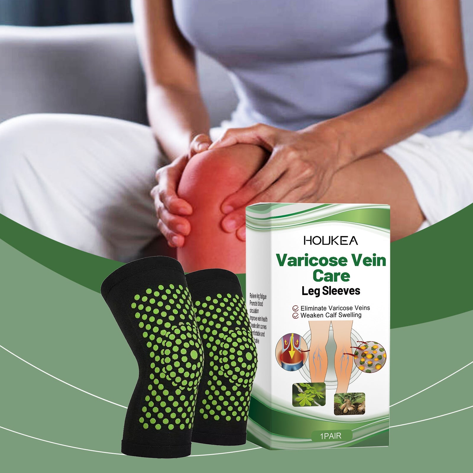 Woman sitting indoors holding her leg with visible redness/inflammation, wearing compression sleeves with product packaging visible