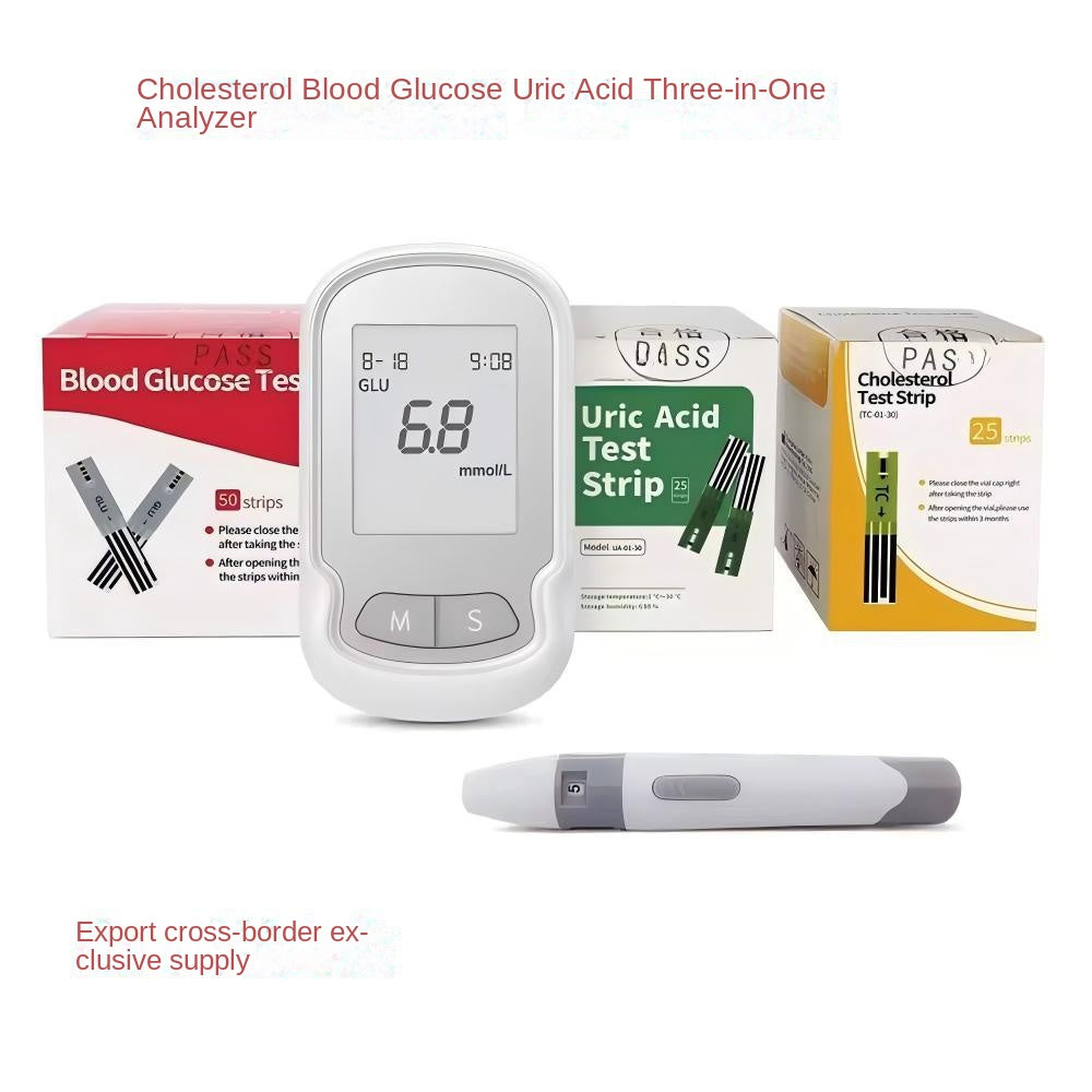 Complete unboxed kit showing analyzer device, test strip boxes, and all components laid out