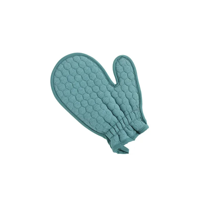 Close-up of large exfoliating mitt with quilted texture detail