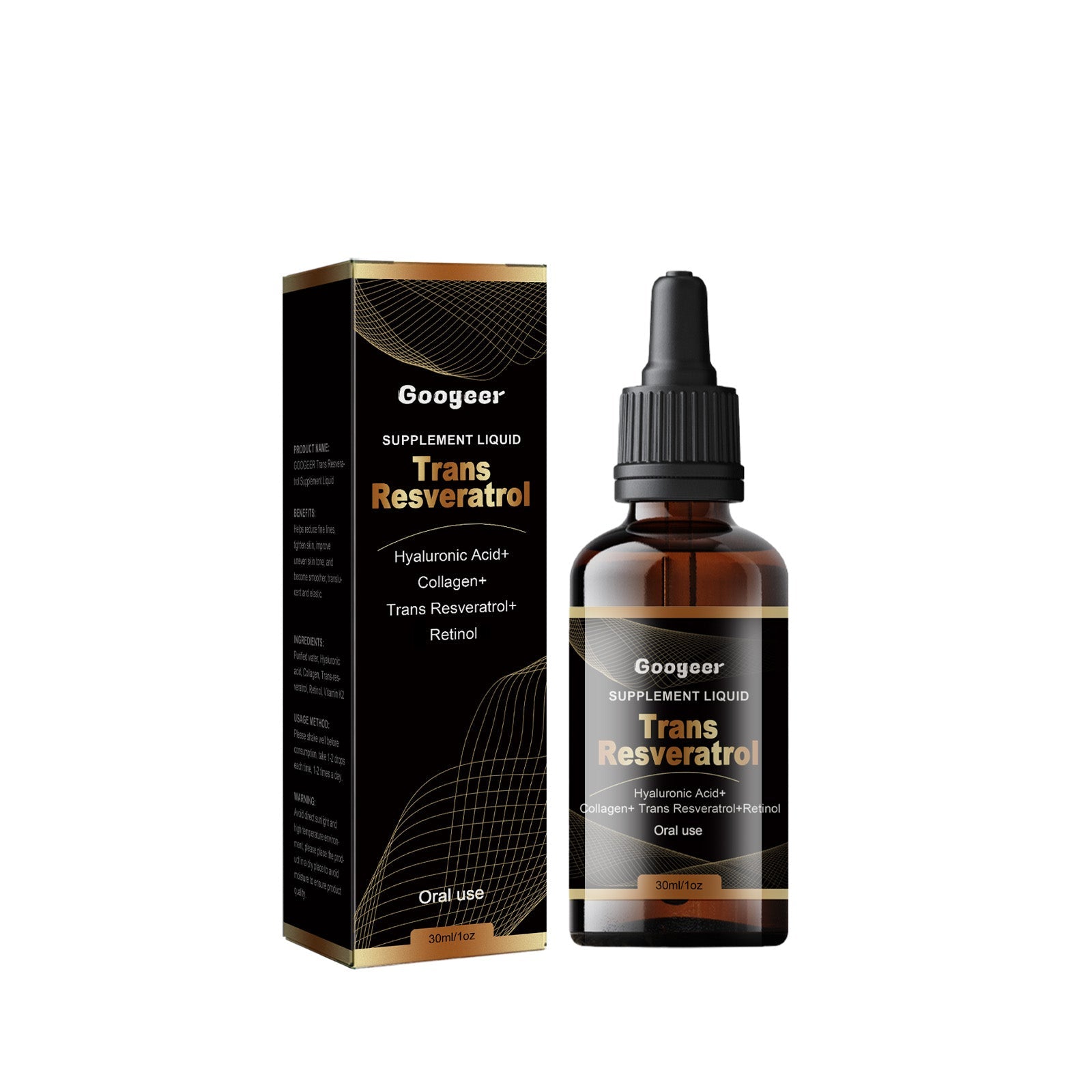 Woman with glowing, youthful skin displaying the product with bold text overlay 'TRANS RESVERATROL SUPPLEMENT LIQUID'