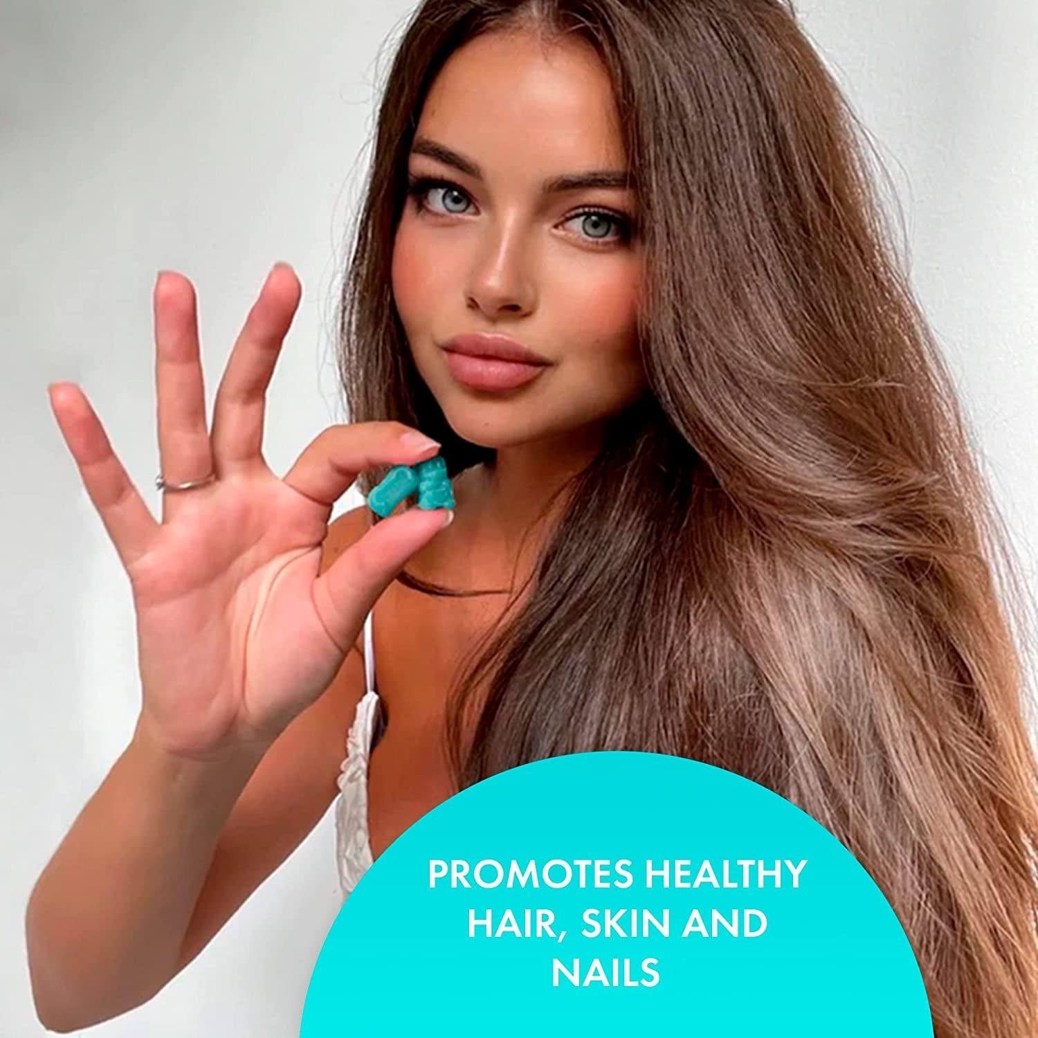 Two identical bottles of Hair Vitamins gummies with OEM/OEM branding, turquoise labels, white caps, filled with teal gummies