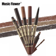 Close-up of dual-ended eyebrow and eyeliner products with color swatches