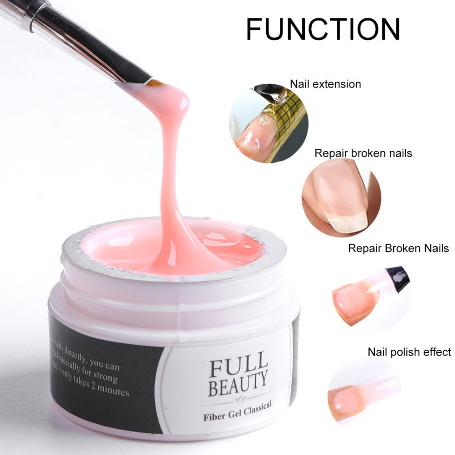 Detailed function breakdown showing nail extension, broken nail repair, and nail polish effect capabilities with product dripping from brush