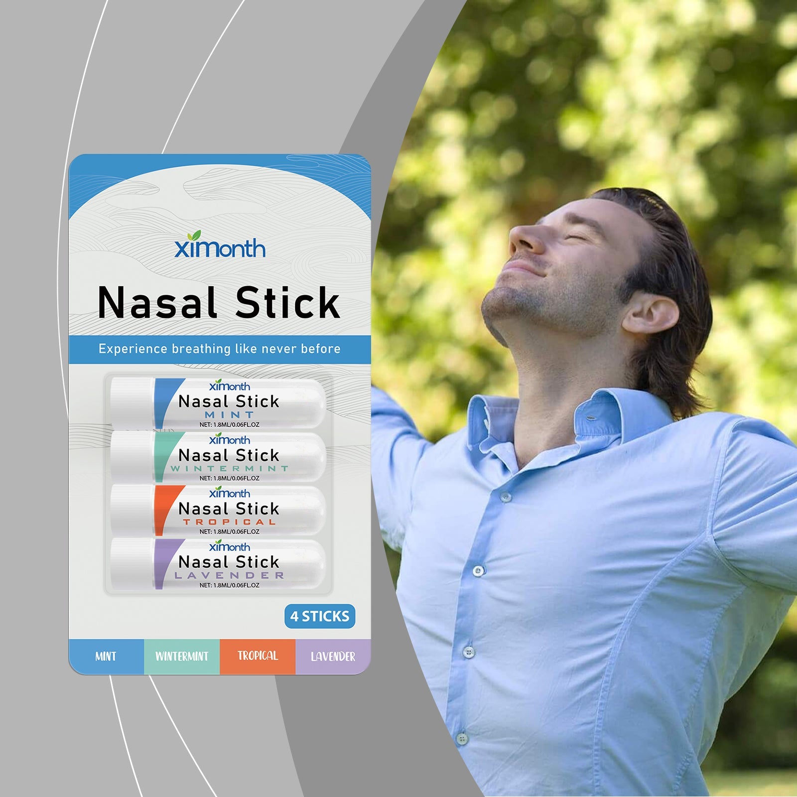 Male user in blue shirt enjoying outdoor setting with eyes closed in comfort