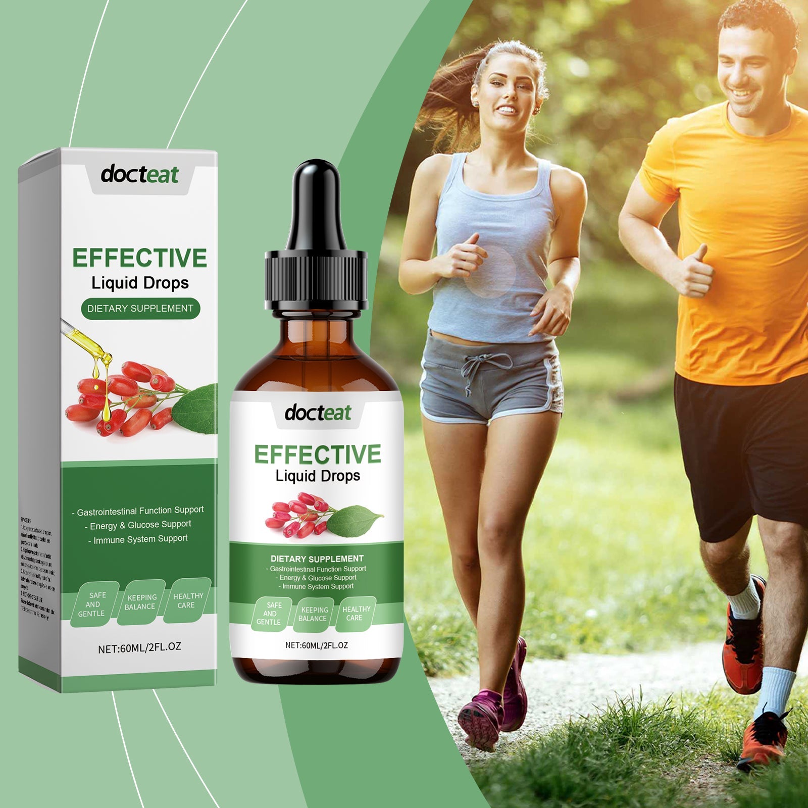 Young athletic woman and man jogging outdoors on a sunny day with the product packaging displayed on left