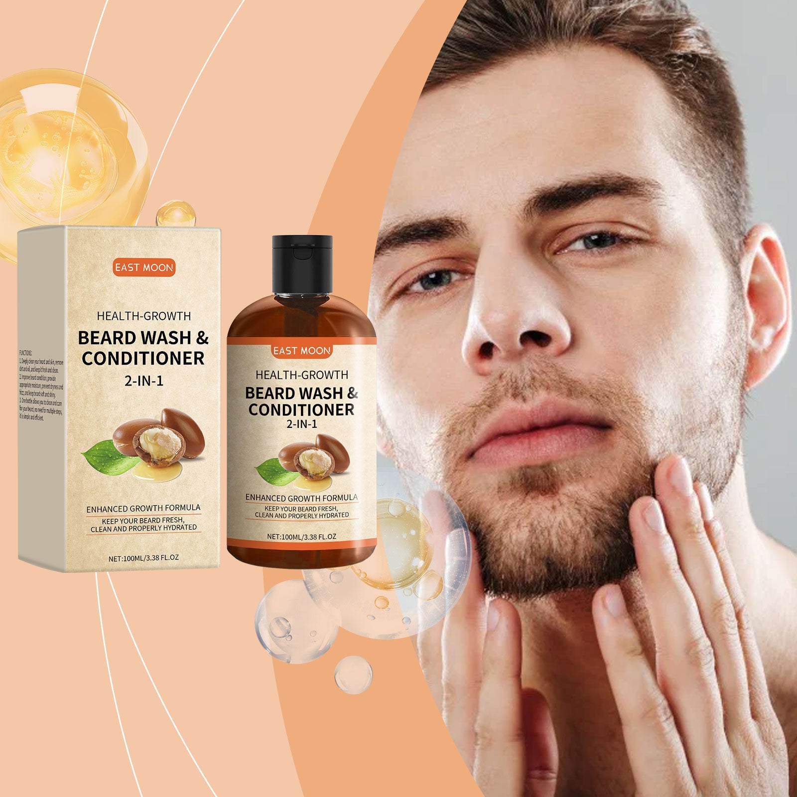 Man applying product to beard with packaging and golden liquid droplets visible on warm peachy background