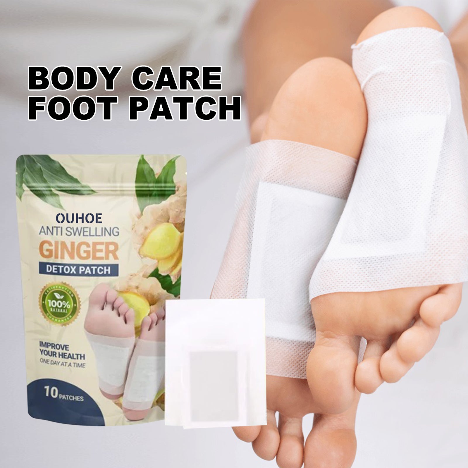 Duplicate lifestyle image of woman wearing ginger detox patches during evening routine
