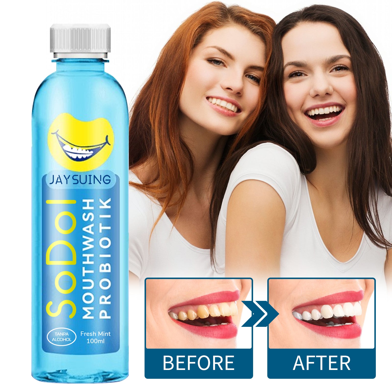 Split image comparing brushing (25% coverage) vs mouthwash (75% coverage) with bacterial magnification detail
