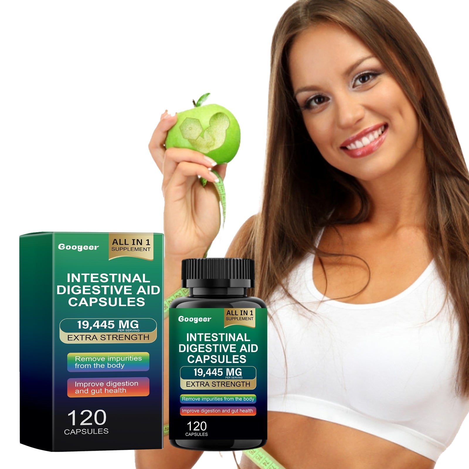 Healthy woman holding green apple while displaying product packaging with bright smile