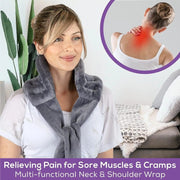 Product display showing three adjustable black quilted neck/shoulder wraps stacked, with lifestyle image of woman wearing pink and gray layered jacket with attached neck cowl