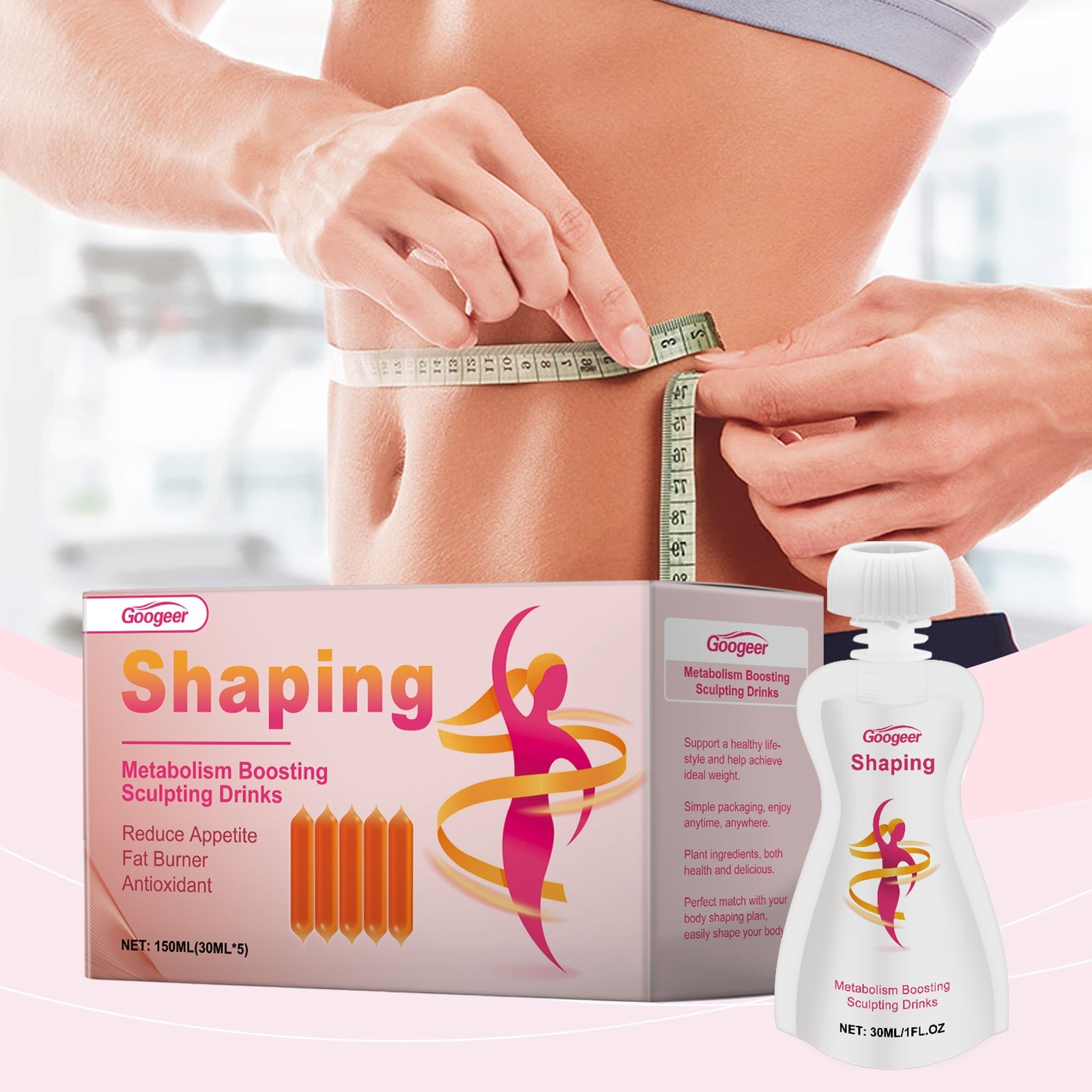 Woman's torso measuring her waist with measuring tape, holding white Shaping pouch, with product packaging visible