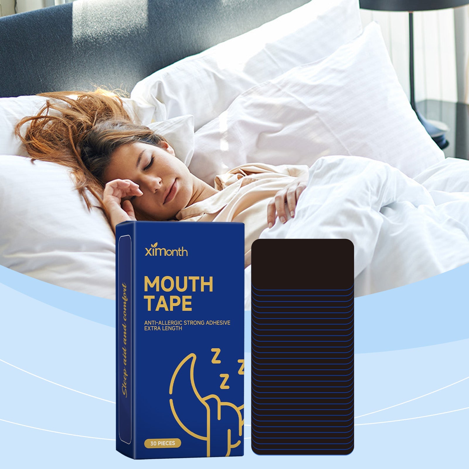 Woman peacefully sleeping in bed with white pillows, product packaging displayed in foreground